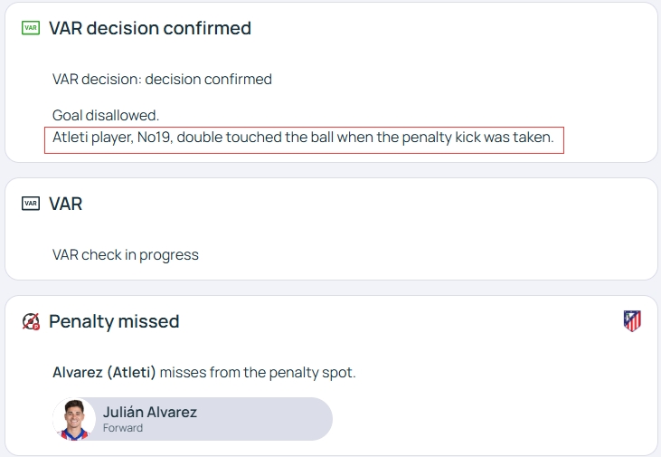 官方明確！歐冠官網(wǎng)：阿爾瓦雷斯罰點時2次觸球，VAR決定進球無效